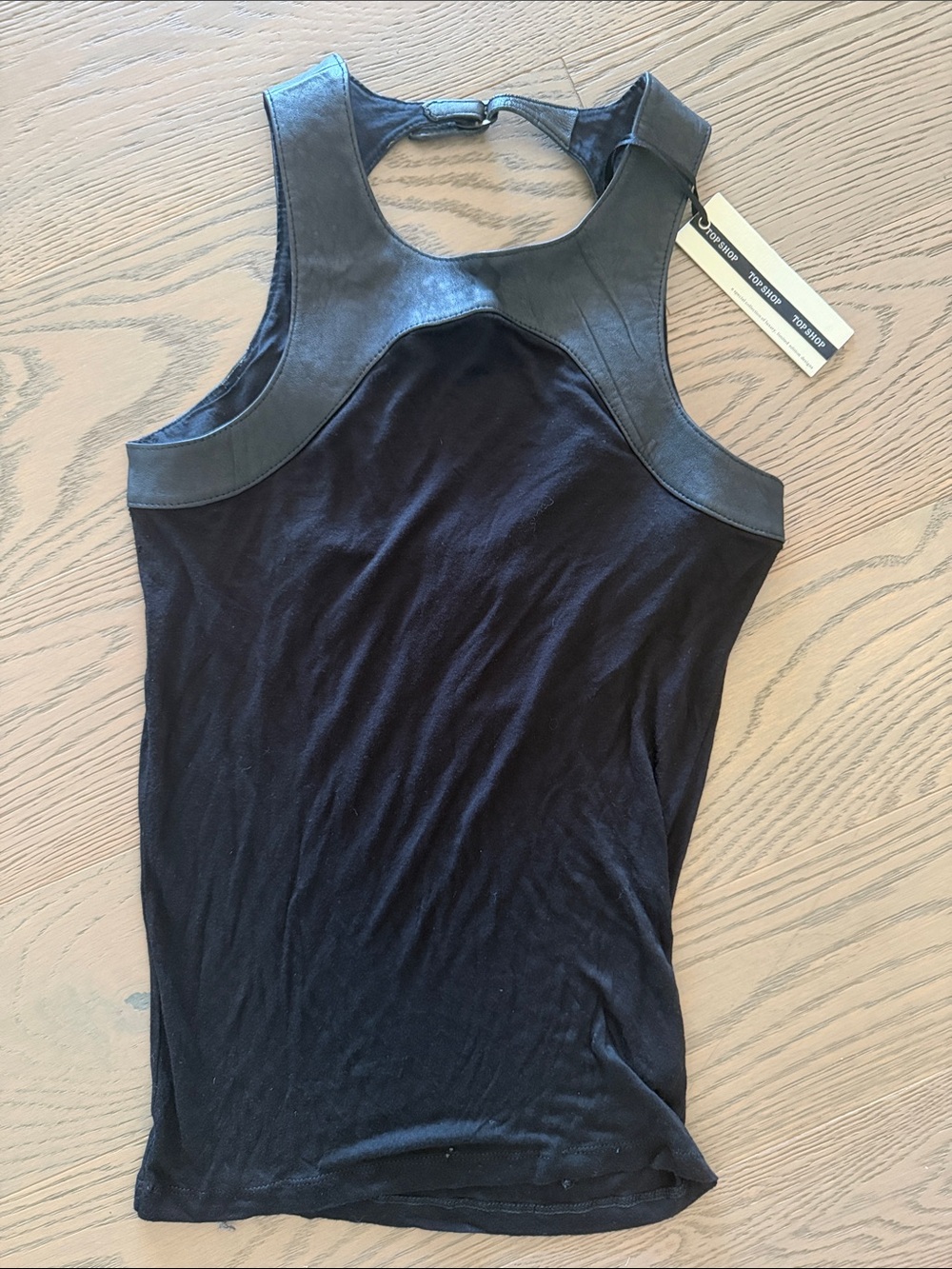 Topshop Black Tank Top with Leather Trim